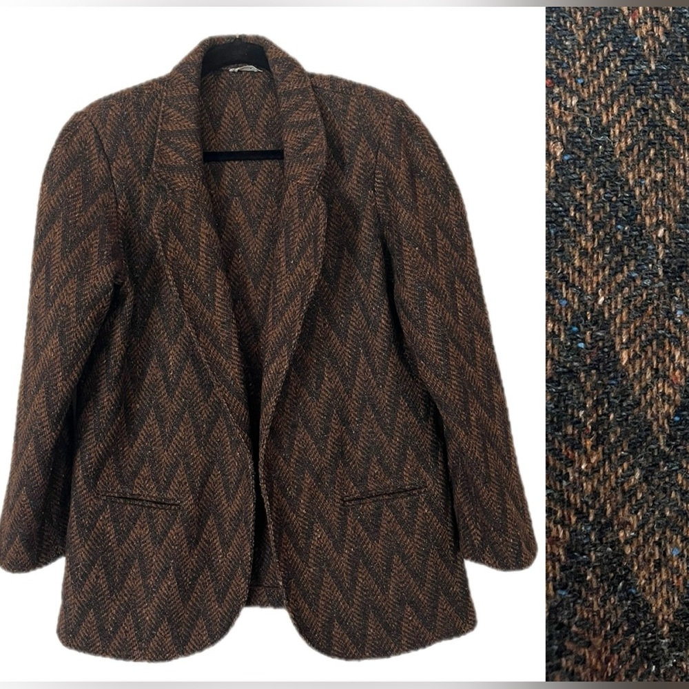 Vintage Virgin Wool Chevron Patterned Blazer Made in Uruguay Woven Thick XL